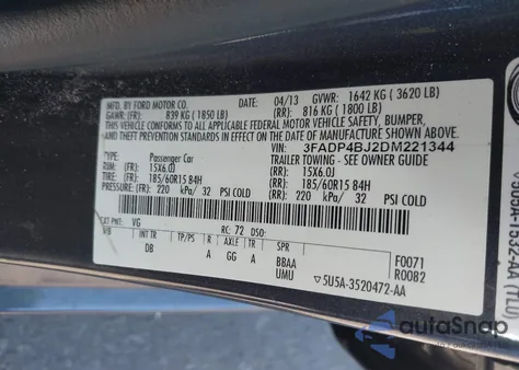 2013 Ford Fiesta Se из США, поврежденный, VIN 3FADP4BJ2DM221344